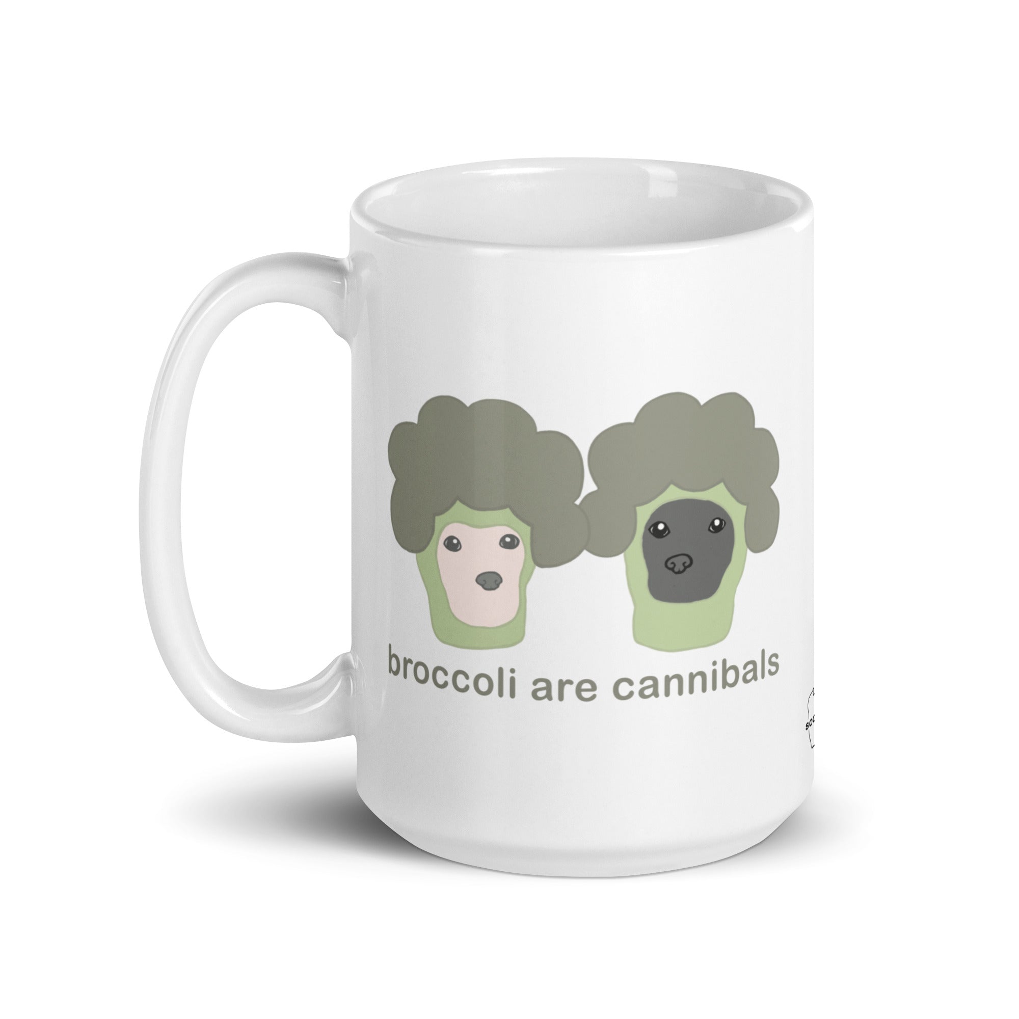 "Broccoli Are Cannibals" White glossy mug